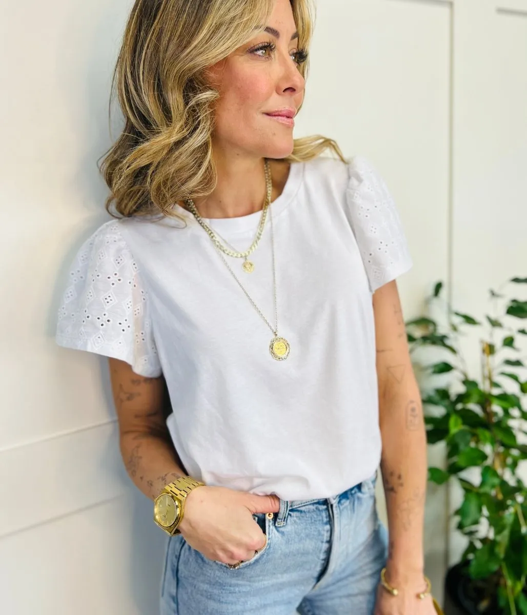 White Embroidered Sleeve Cotton Tee