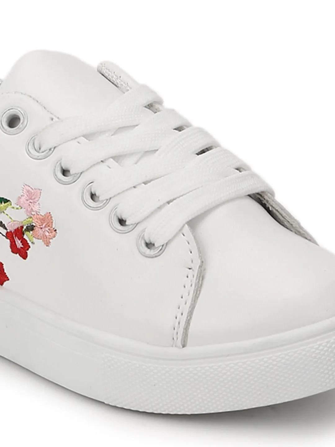 White PU Embroidered Lace-up Mini Sneakers