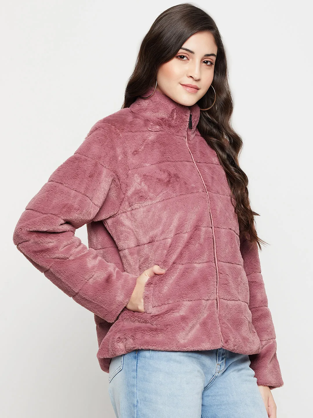 Women's Casual  Dark Pink Soft Faux Fur  Jacket