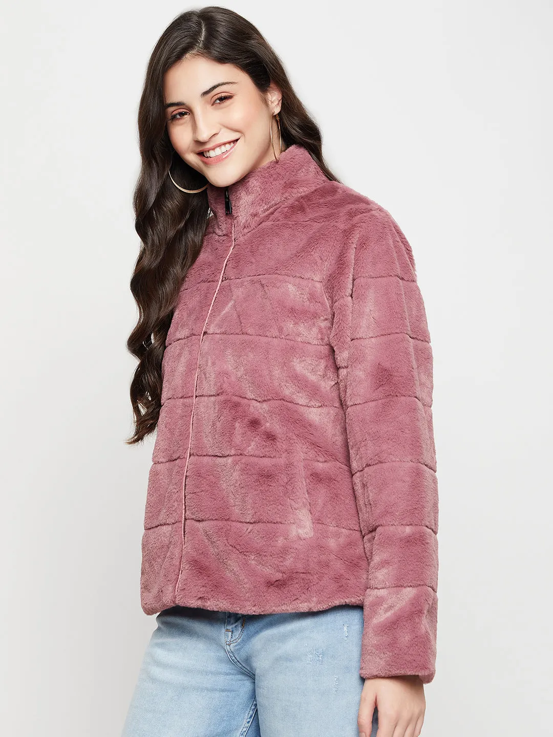 Women's Casual  Dark Pink Soft Faux Fur  Jacket