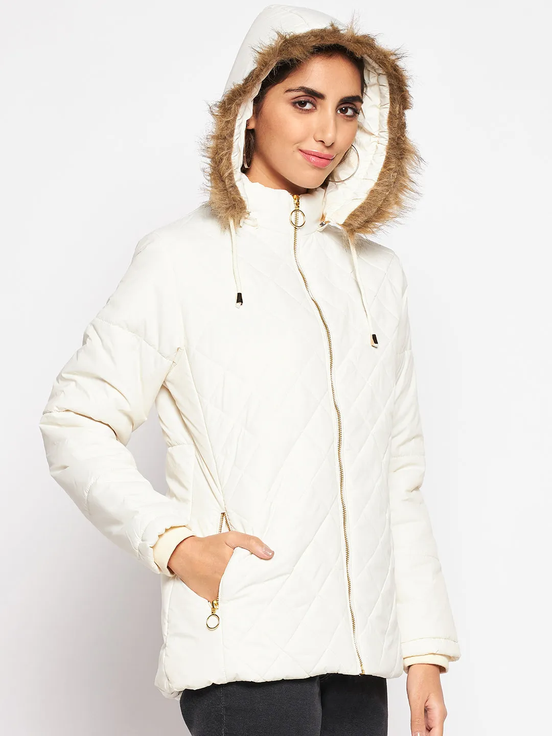 Women's Casual  Ivory Quilted Detachable Hood with Faux Fur trim Jacket