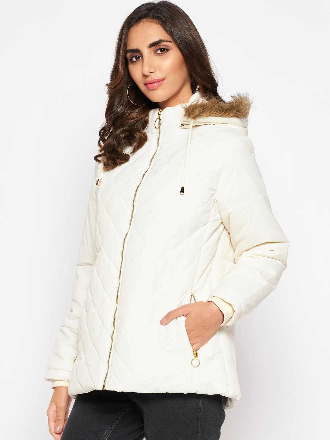 Women's Casual  Ivory Quilted Detachable Hood with Faux Fur trim Jacket