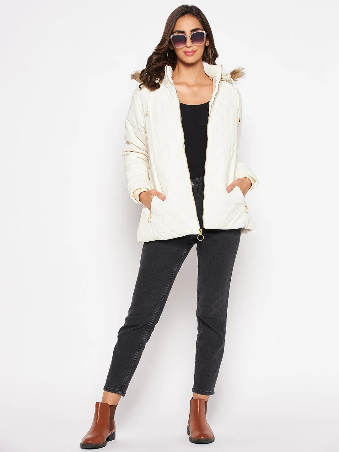 Women's Casual  Ivory Quilted Detachable Hood with Faux Fur trim Jacket