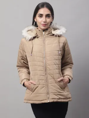 Women's Casual  Khaki Quilted Detachable Hood with Faux Fur trim Jacket