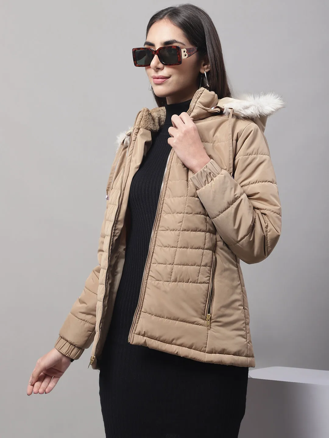 Women's Casual  Khaki Quilted Detachable Hood with Faux Fur trim Jacket