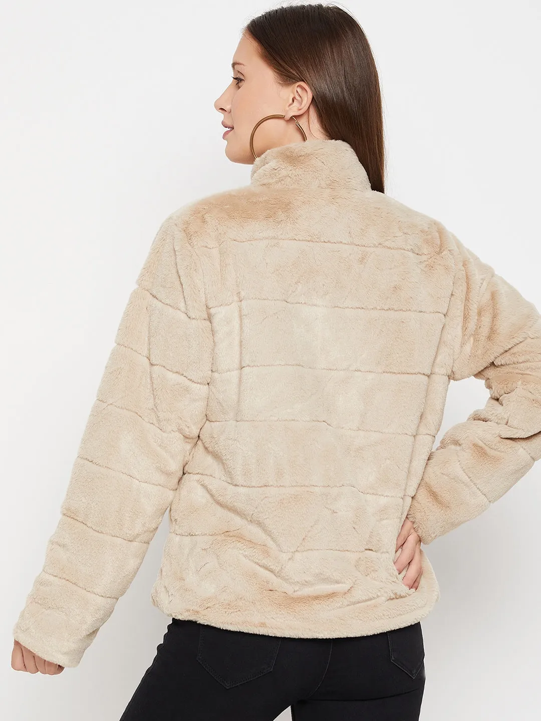 Women's Casual  Khaki Soft Faux Fur  Jacket