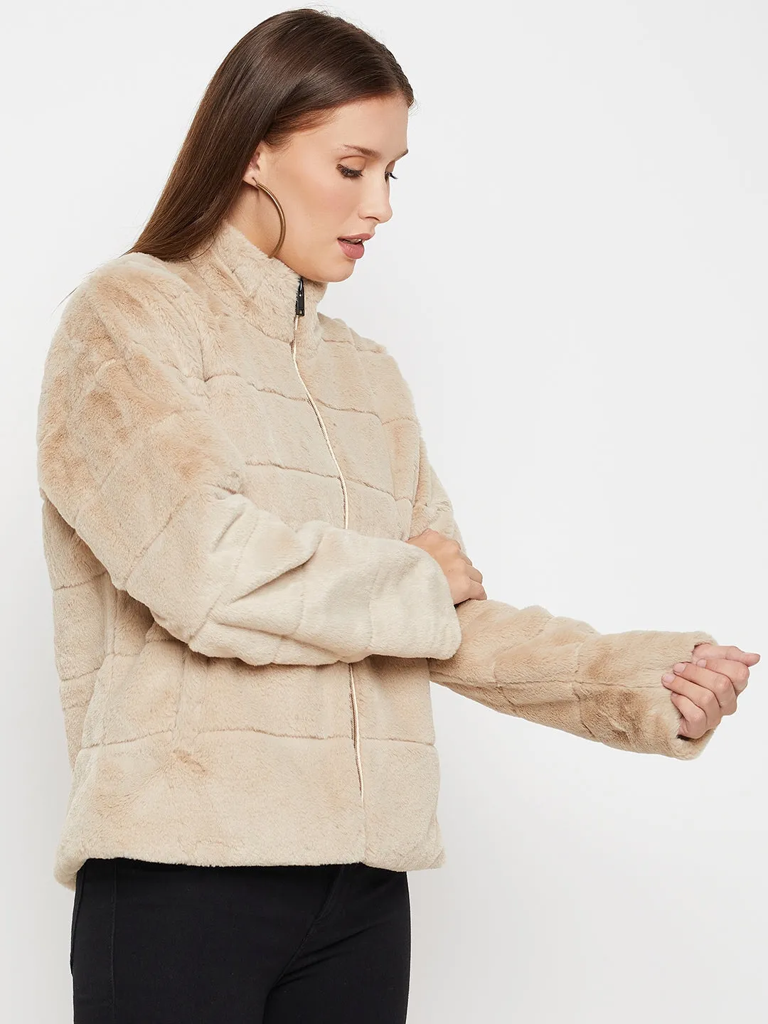 Women's Casual  Khaki Soft Faux Fur  Jacket