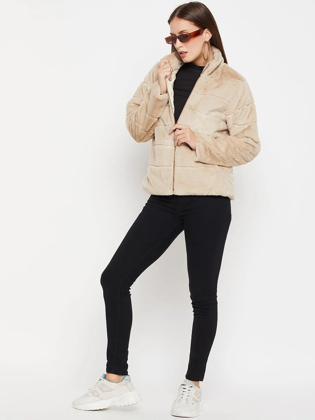 Women's Casual  Khaki Soft Faux Fur  Jacket