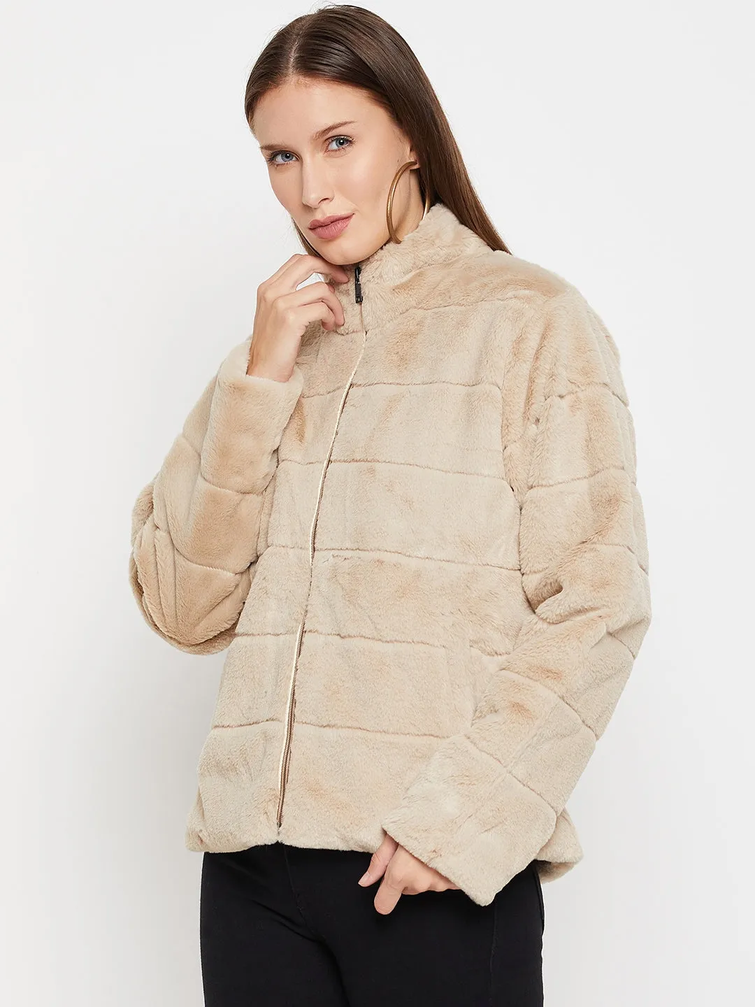 Women's Casual  Khaki Soft Faux Fur  Jacket