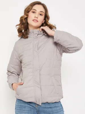 Women's Casual  Light Grey Quilted Detachable quilted Hood Bomber Jacket