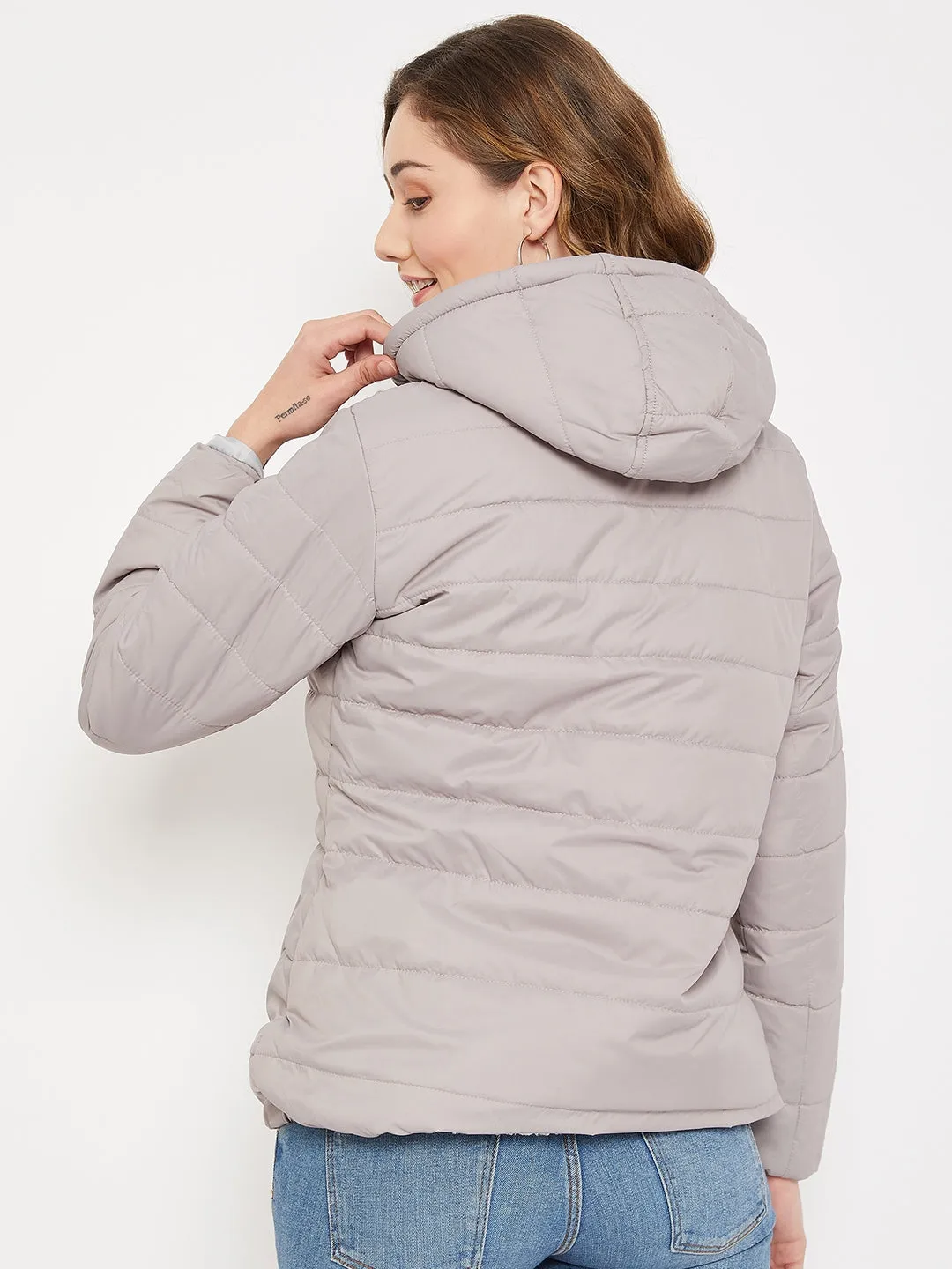 Women's Casual  Light Grey Quilted Detachable quilted Hood Bomber Jacket