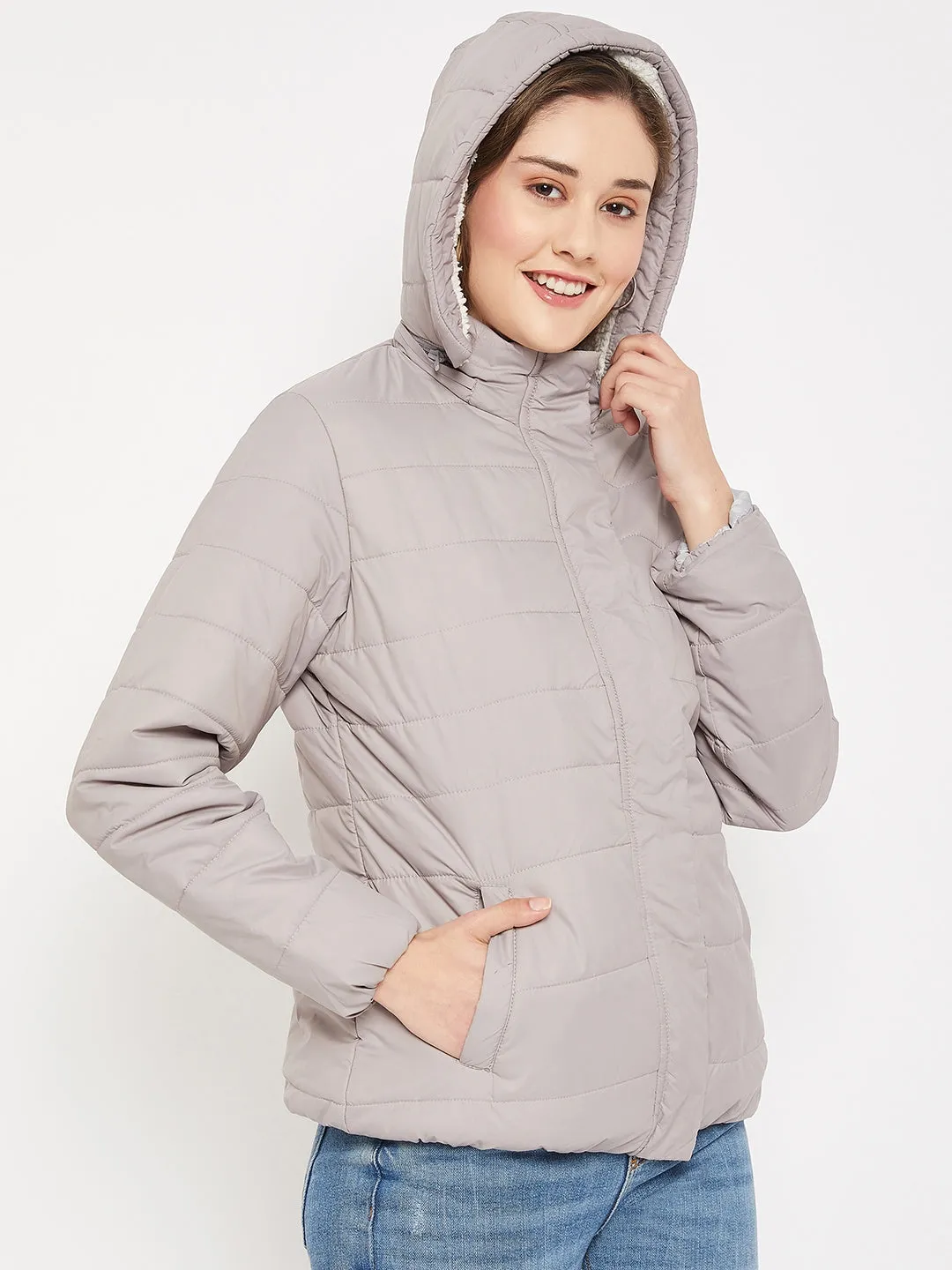 Women's Casual  Light Grey Quilted Detachable quilted Hood Bomber Jacket