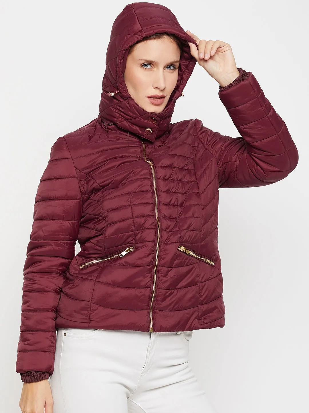 Women's Casual  Maroon Quilted Detachable quilted Hood Puffer Jacket