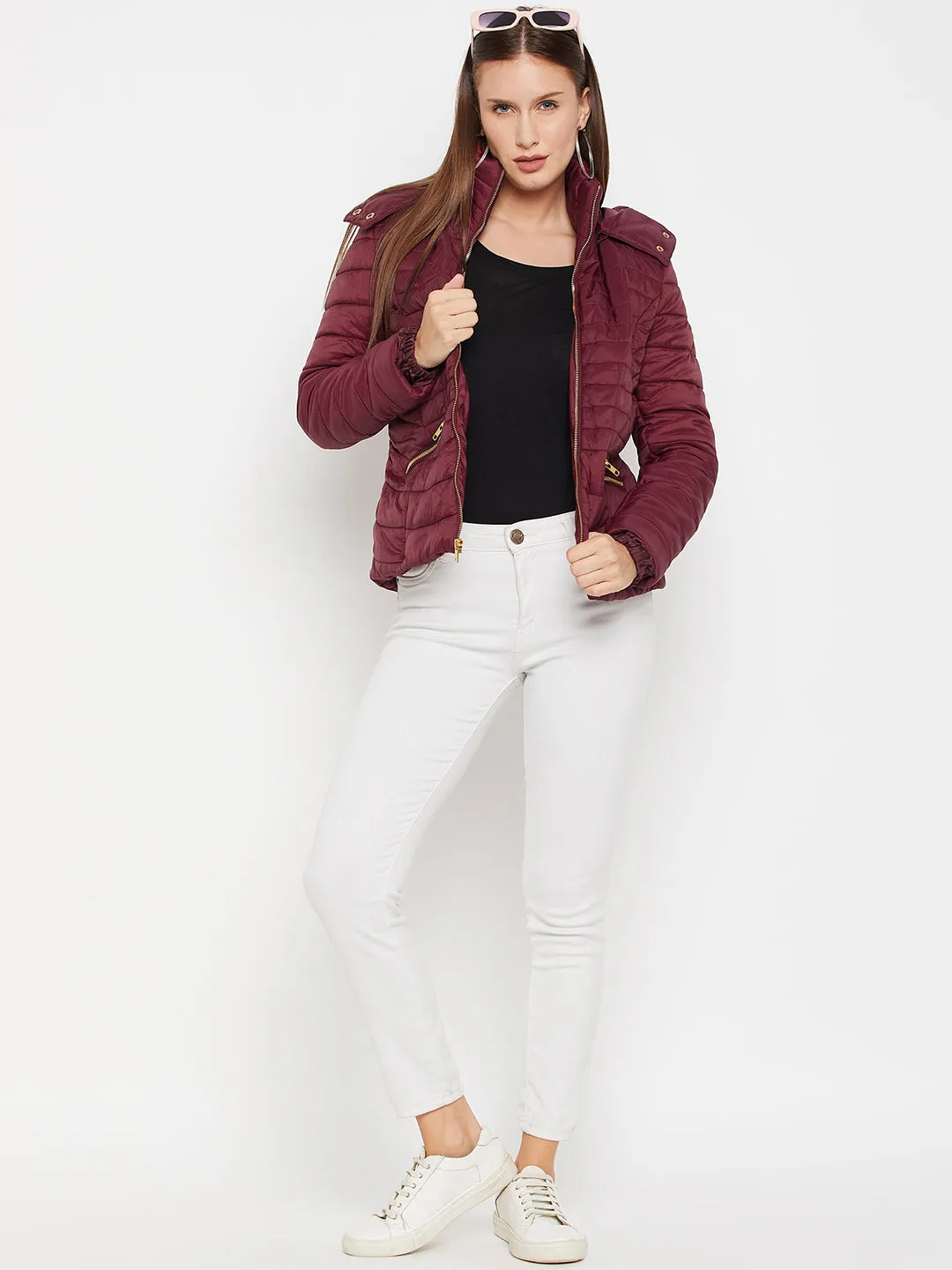 Women's Casual  Maroon Quilted Detachable quilted Hood Puffer Jacket