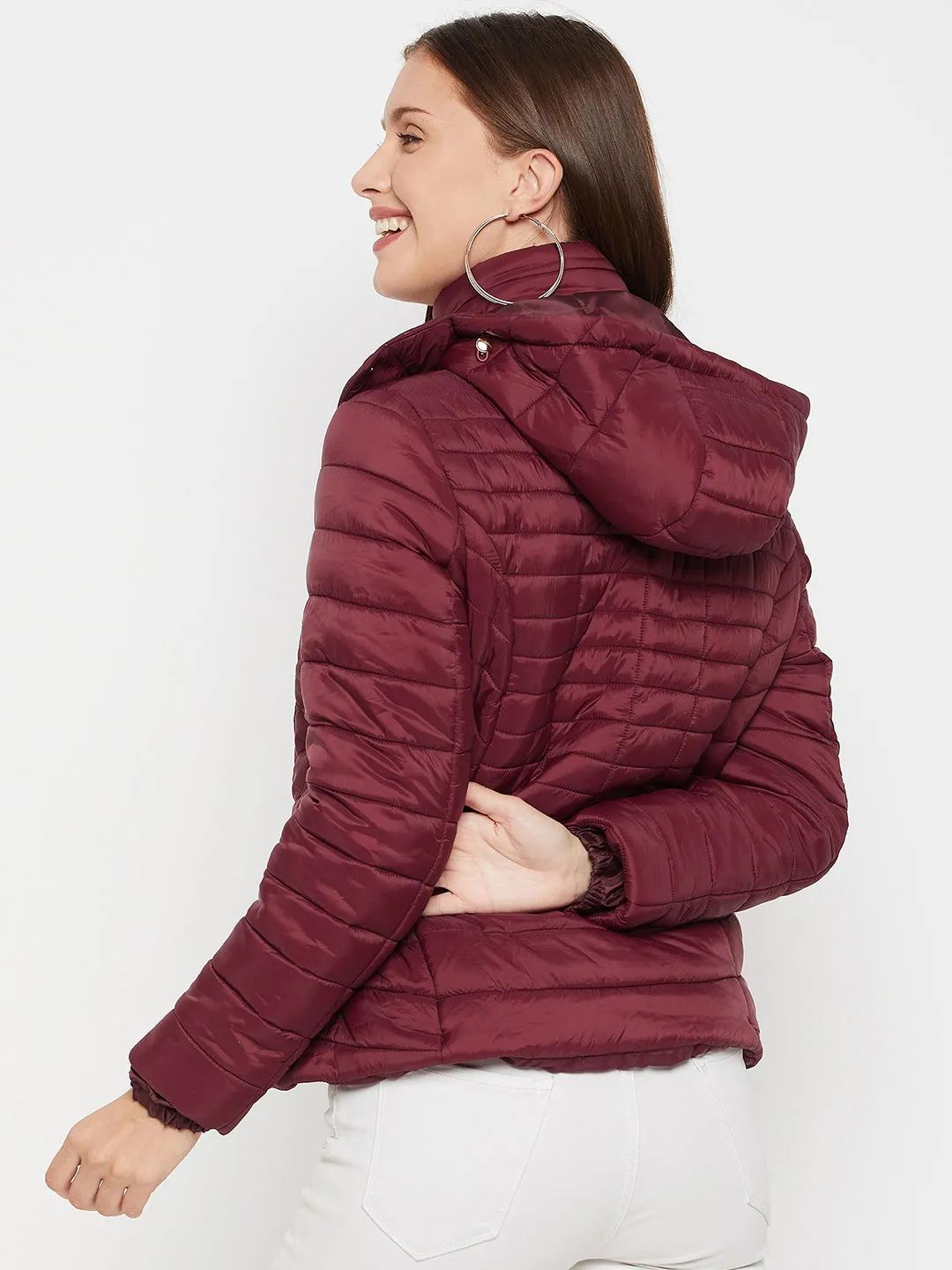 Women's Casual  Maroon Quilted Detachable quilted Hood Puffer Jacket