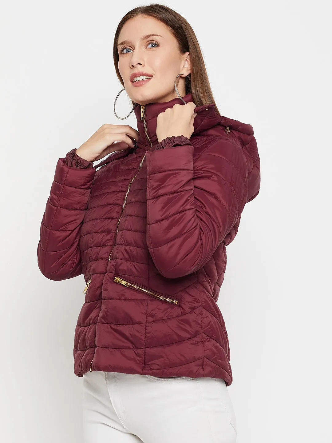 Women's Casual  Maroon Quilted Detachable quilted Hood Puffer Jacket