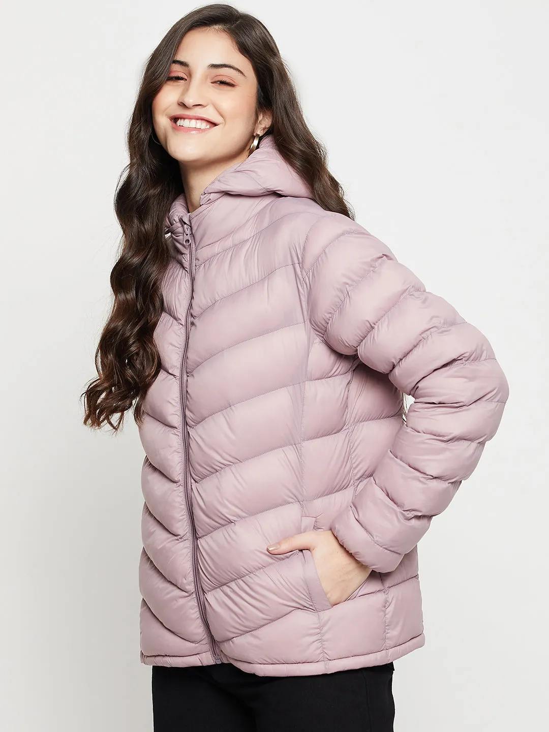 Women's Casual  Purple Quilted Detachable quilted Hood Jacket