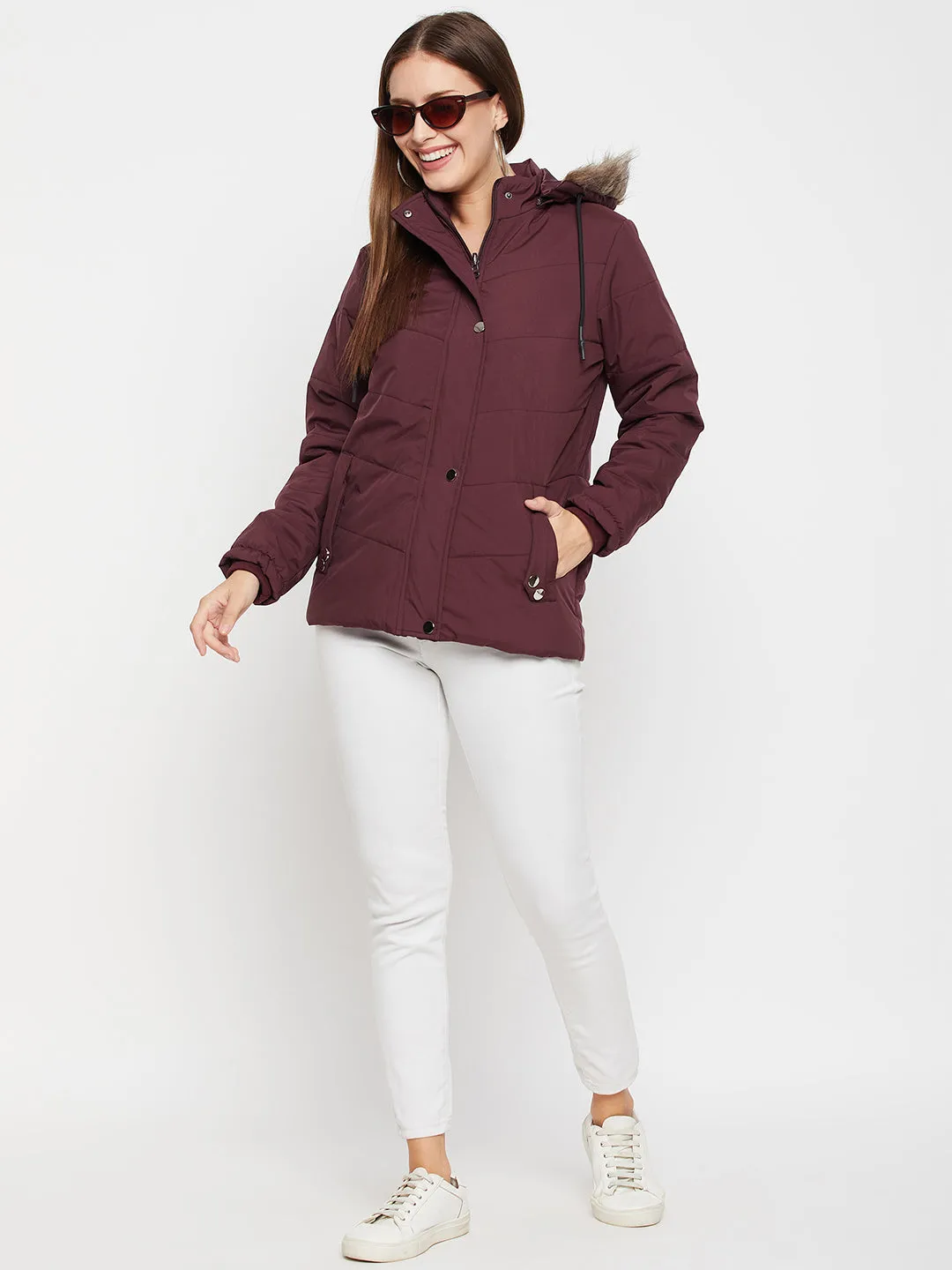 Women's Casual  Wine Quilted Detachable Hood with Faux Fur trim Puffer Jacket