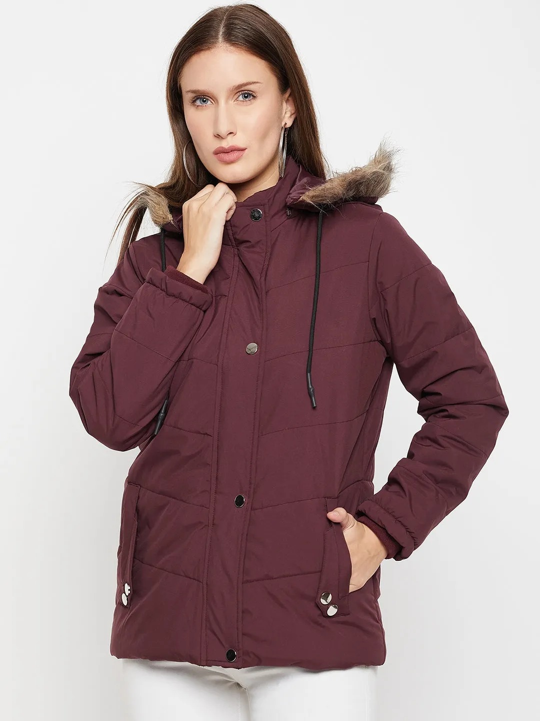 Women's Casual  Wine Quilted Detachable Hood with Faux Fur trim Puffer Jacket