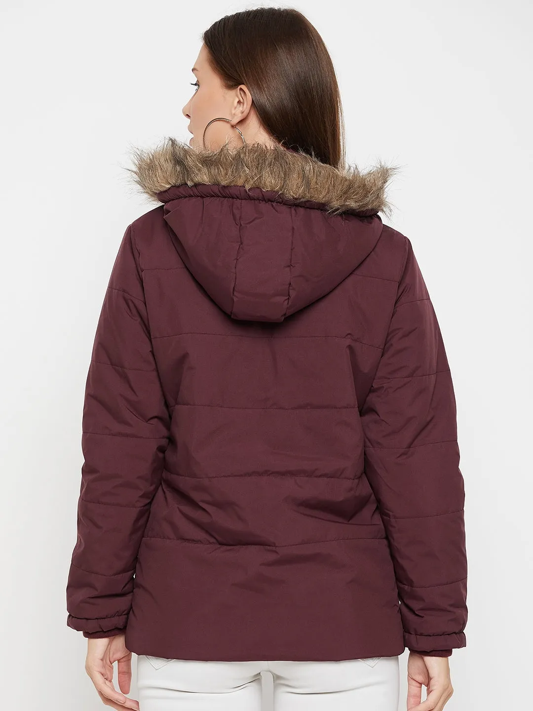 Women's Casual  Wine Quilted Detachable Hood with Faux Fur trim Puffer Jacket