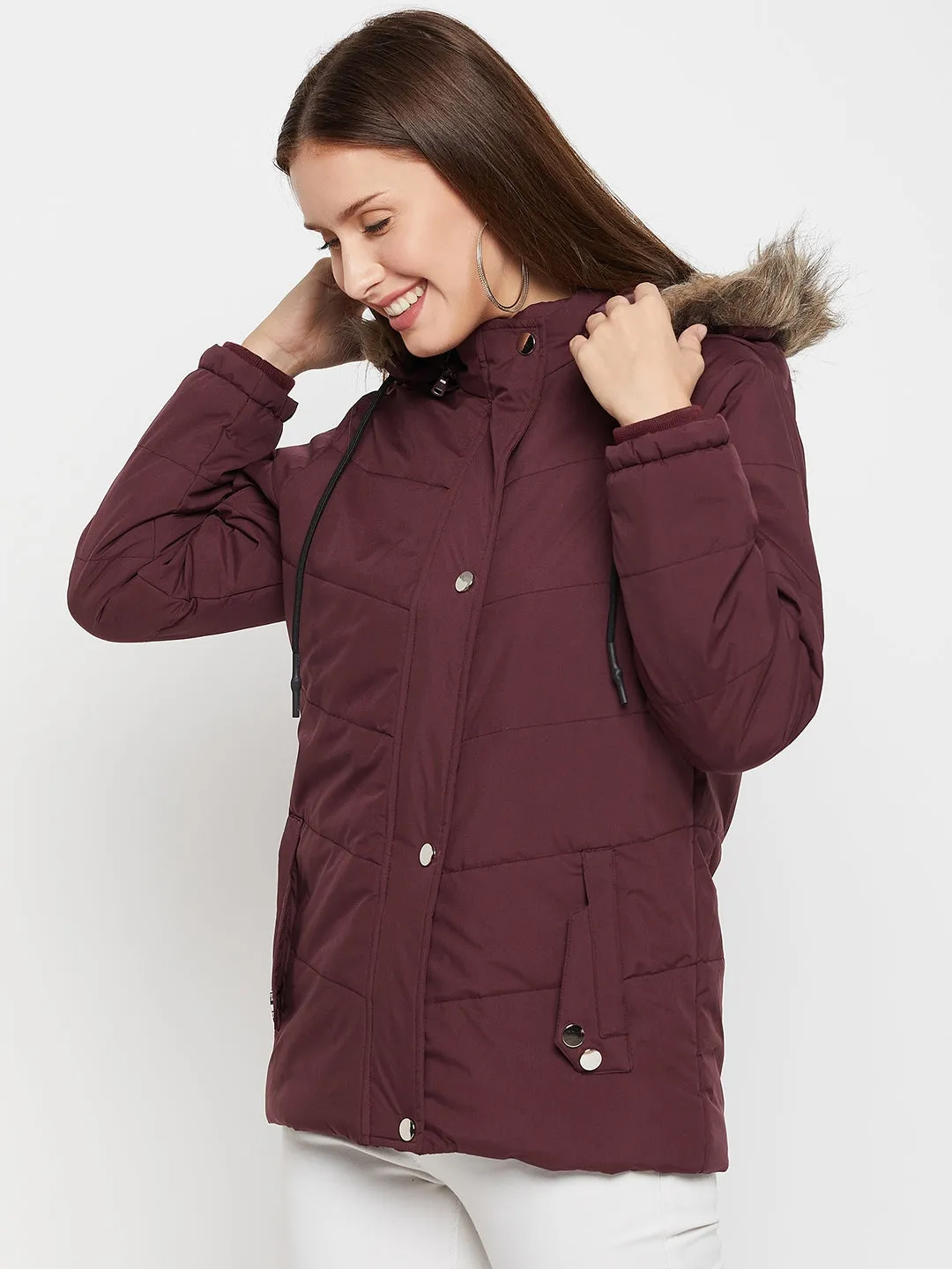 Women's Casual  Wine Quilted Detachable Hood with Faux Fur trim Puffer Jacket