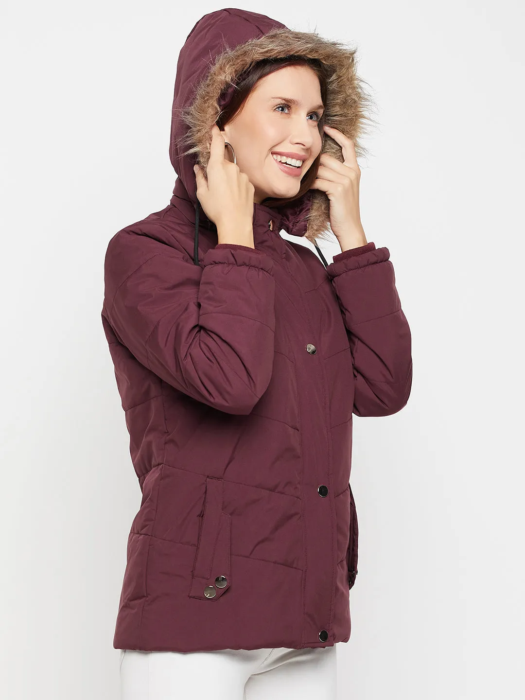 Women's Casual  Wine Quilted Detachable Hood with Faux Fur trim Puffer Jacket