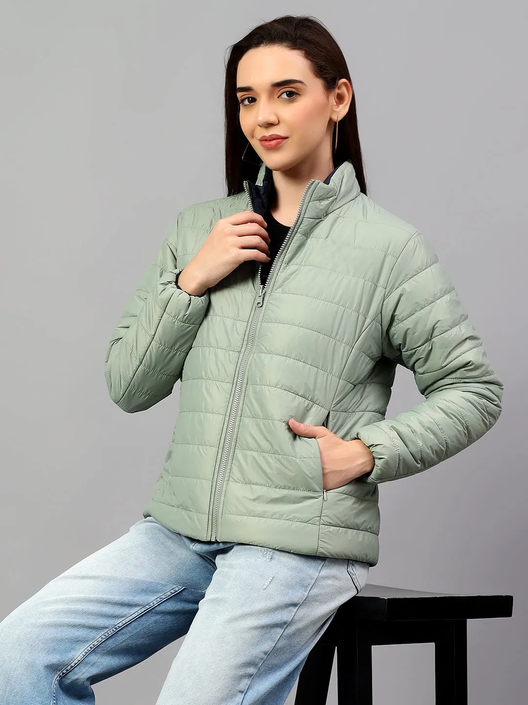 Women's Green Solid Full Sleeves Winter Jacket