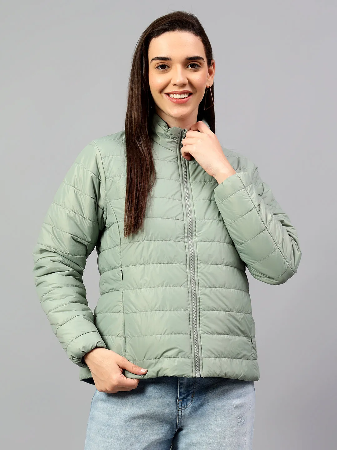 Women's Green Solid Full Sleeves Winter Jacket