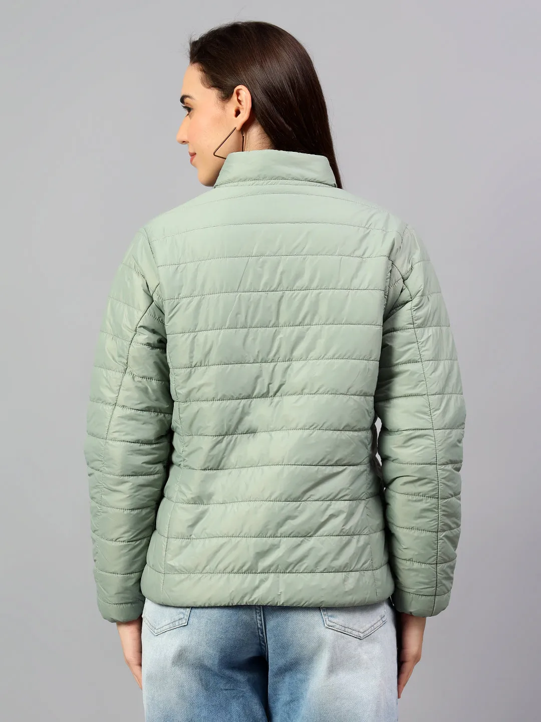 Women's Green Solid Full Sleeves Winter Jacket