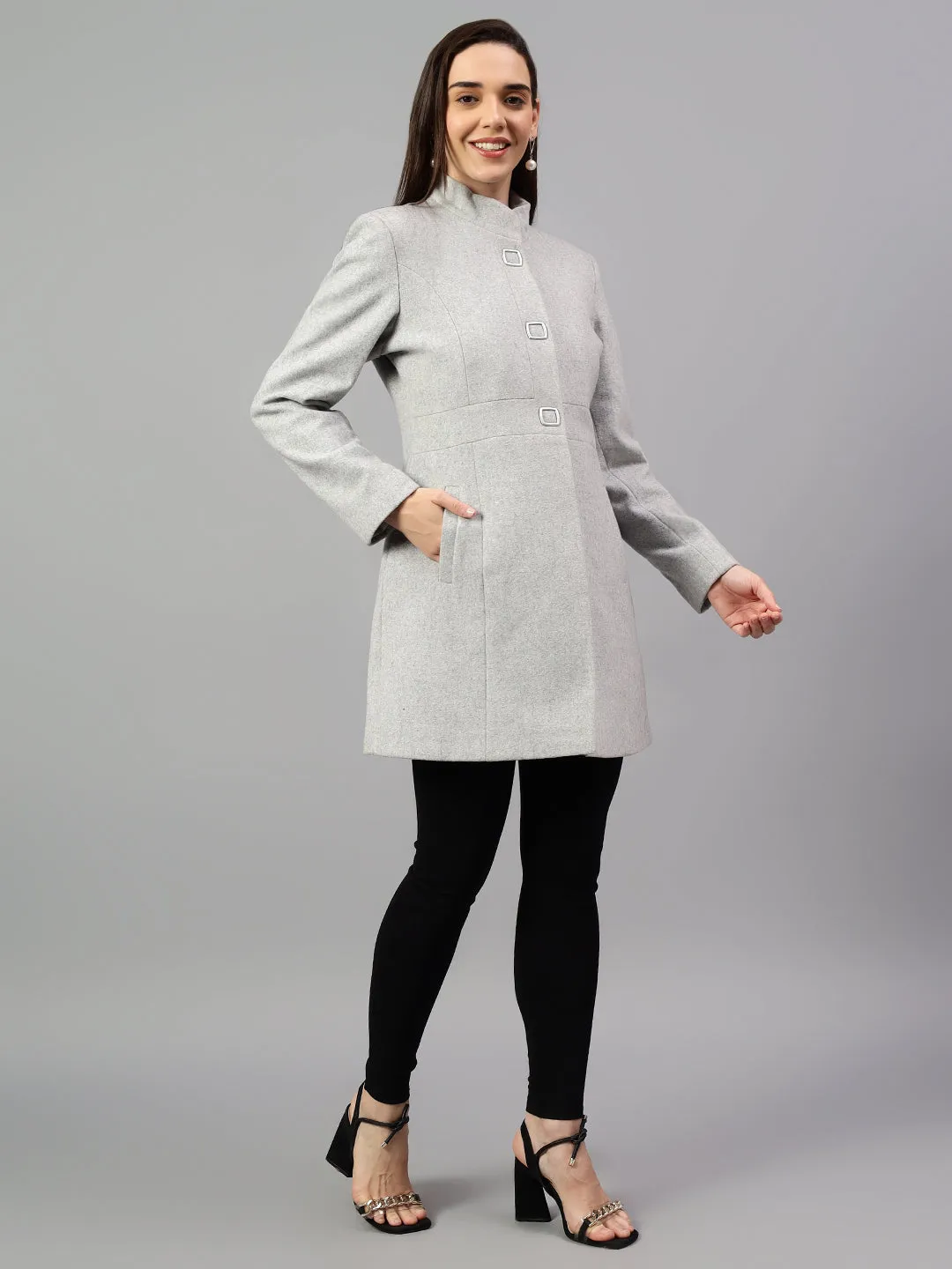 Women's Grey Solid Full Sleeves Winter Long Coat