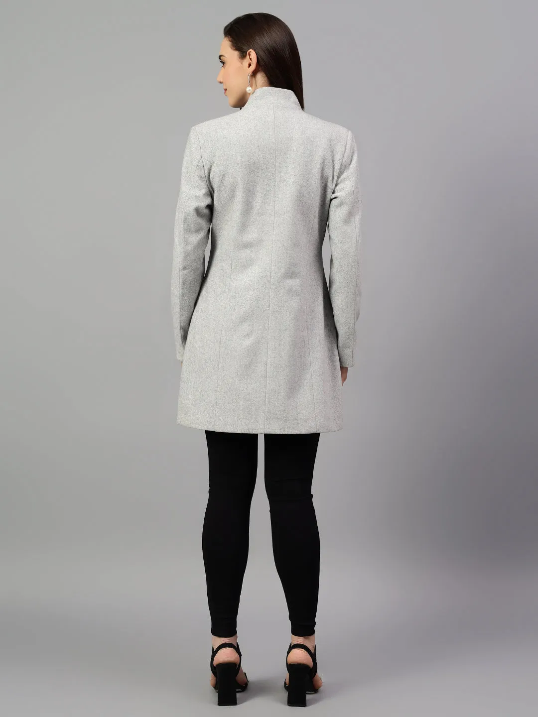 Women's Grey Solid Full Sleeves Winter Long Coat