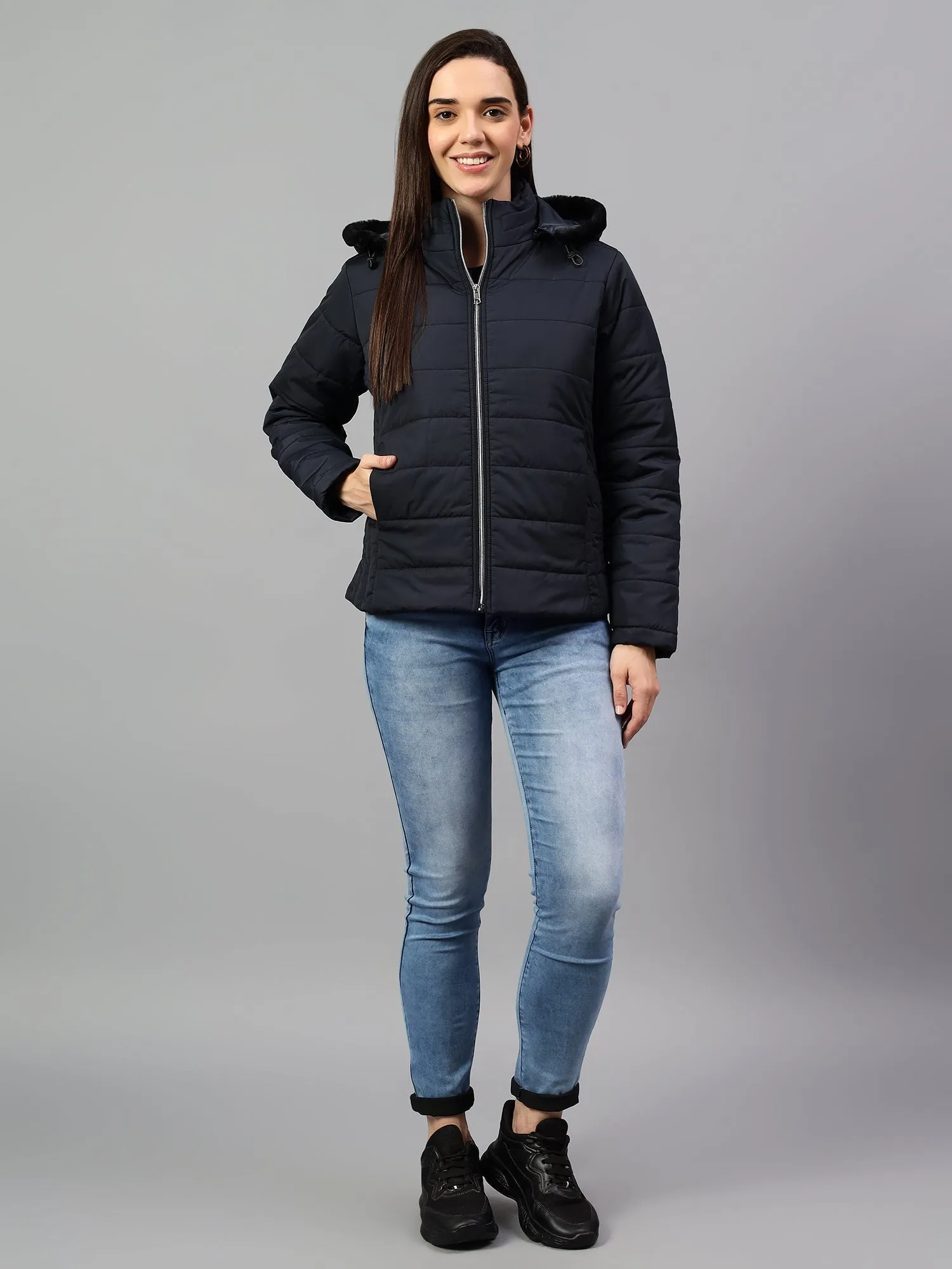 Women's Navy Blue Solid Full Sleeves Winter Jacket