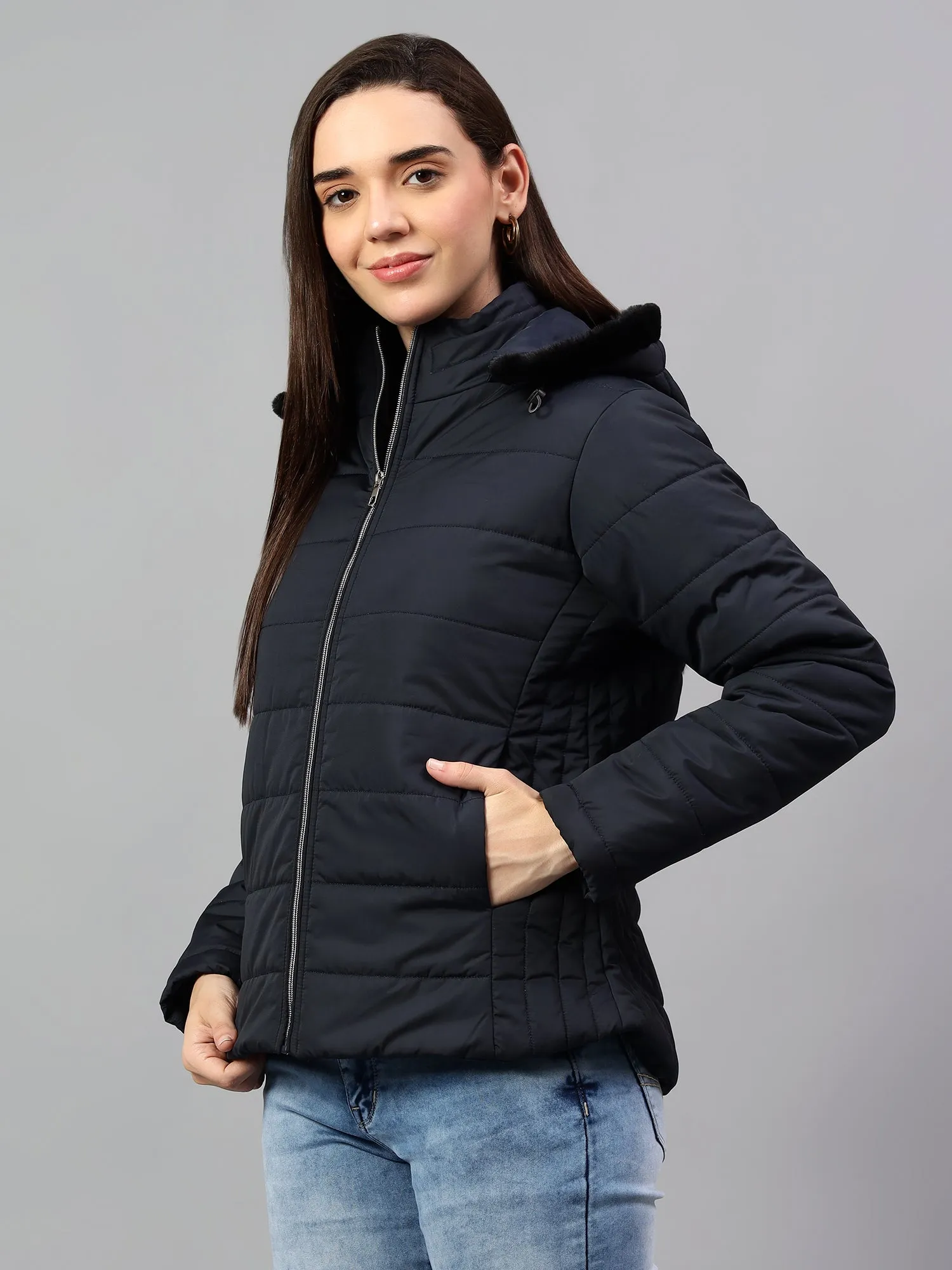 Women's Navy Blue Solid Full Sleeves Winter Jacket