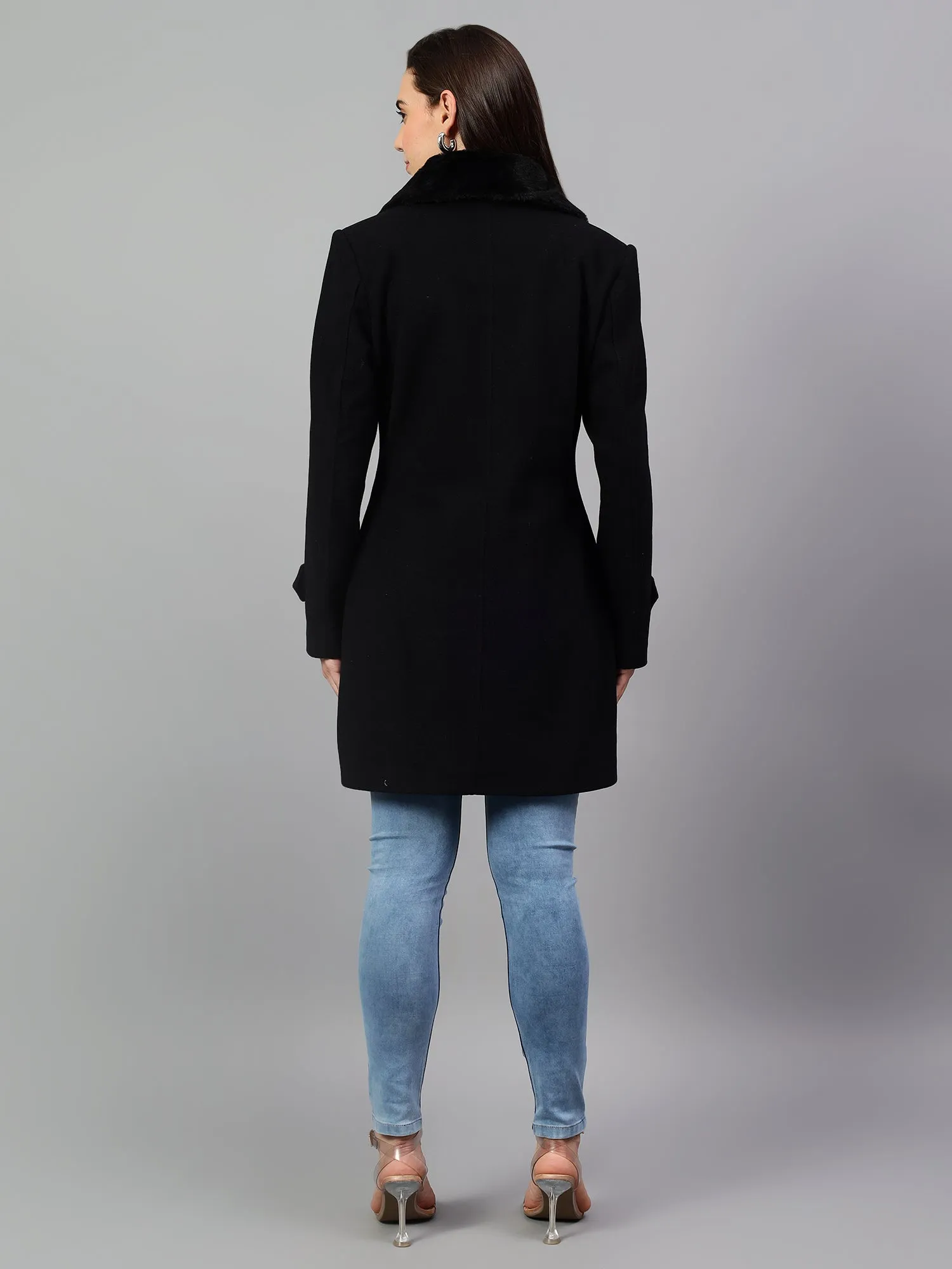 Women's Navy Blue Solid Full Sleeves Winter Long Coat