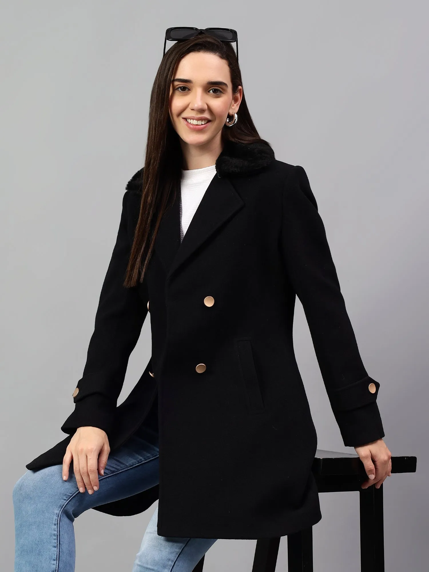 Women's Navy Blue Solid Full Sleeves Winter Long Coat