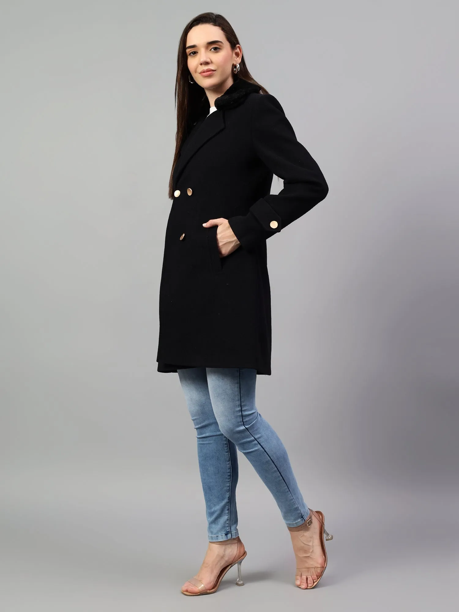 Women's Navy Blue Solid Full Sleeves Winter Long Coat