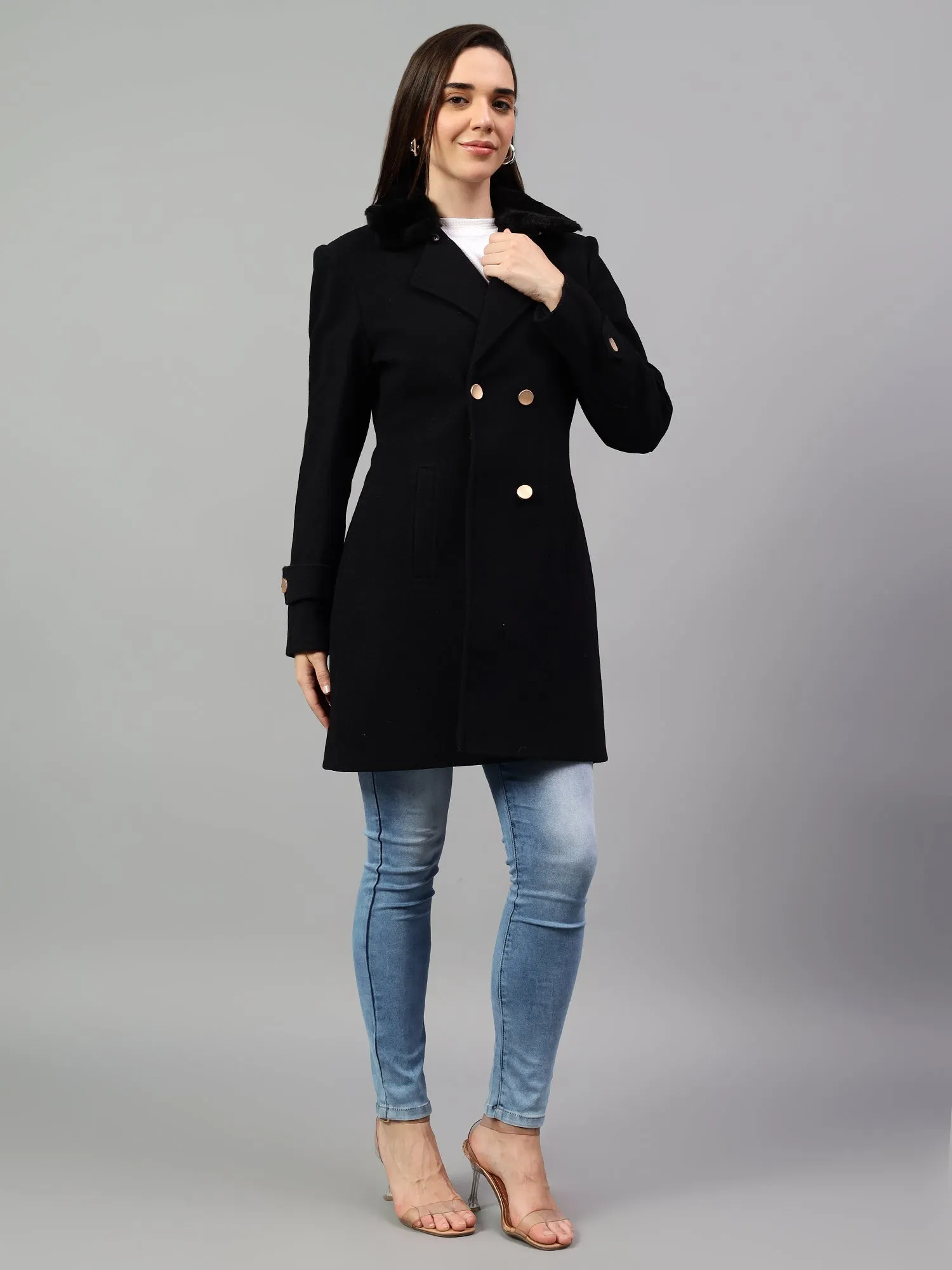 Women's Navy Blue Solid Full Sleeves Winter Long Coat