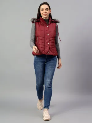 Women's Red Solid Sleeveless Winter Jacket