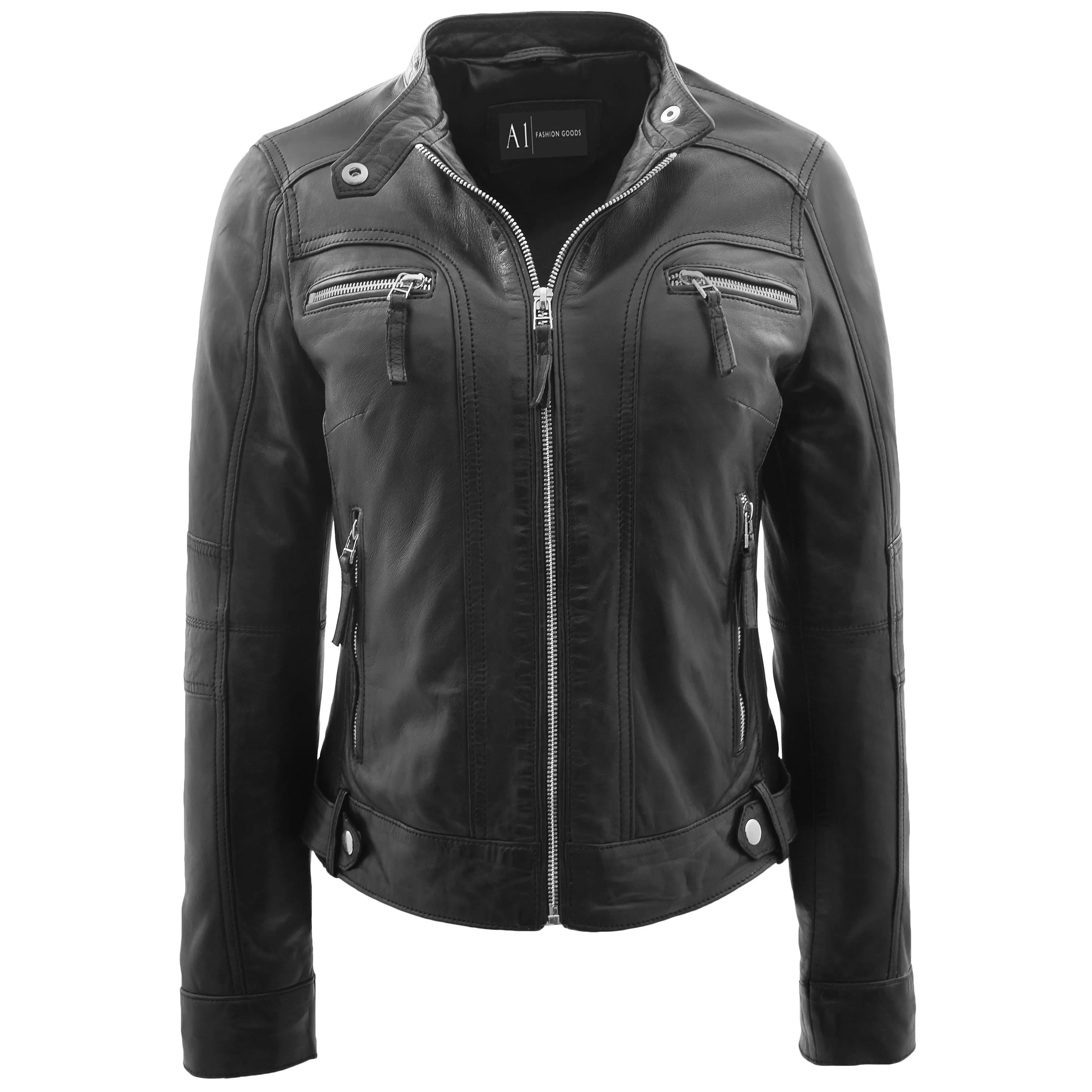 Womens Soft Leather Biker Jacket Black Casual Fitted Trendy Stylish Zoe