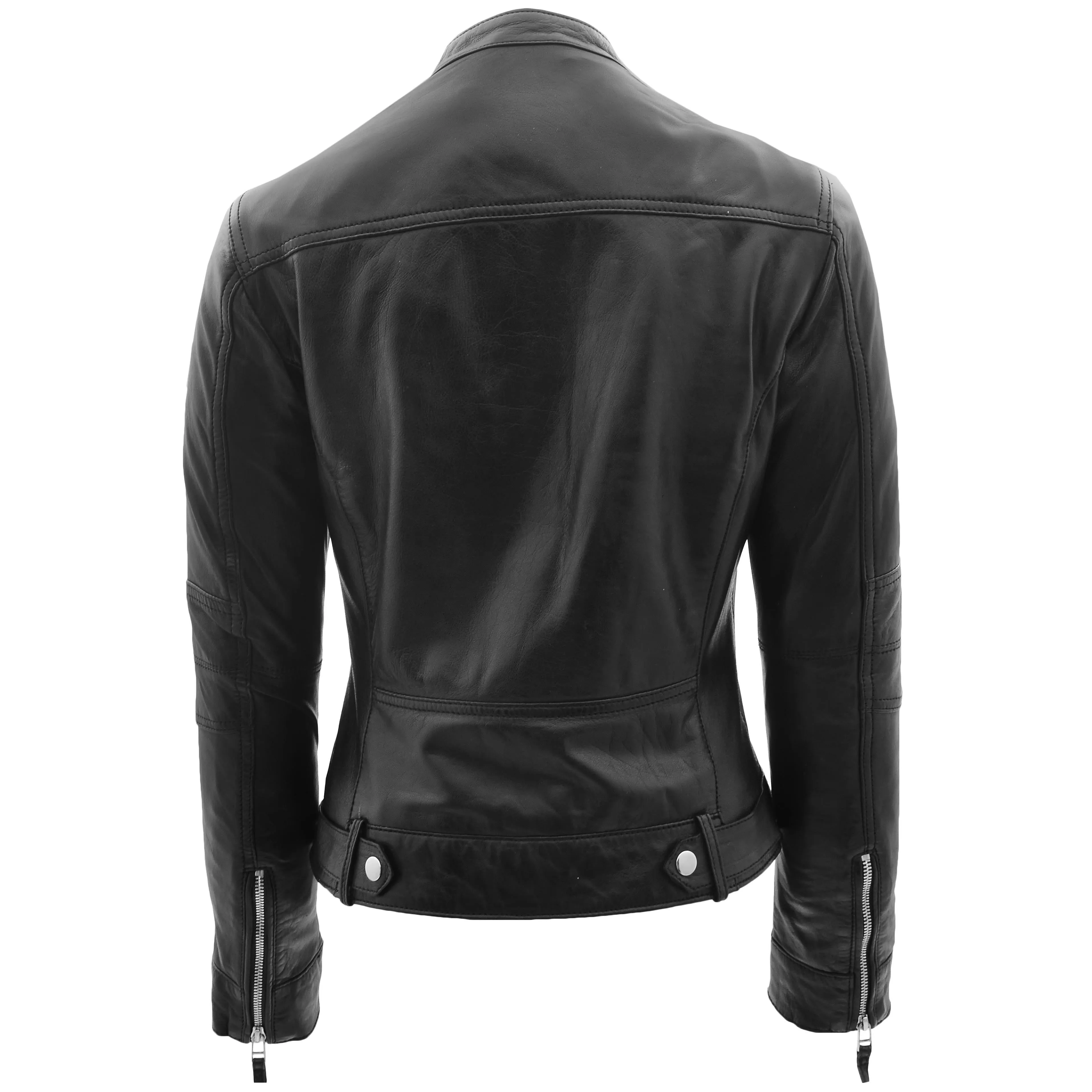 Womens Soft Leather Biker Jacket Black Casual Fitted Trendy Stylish Zoe