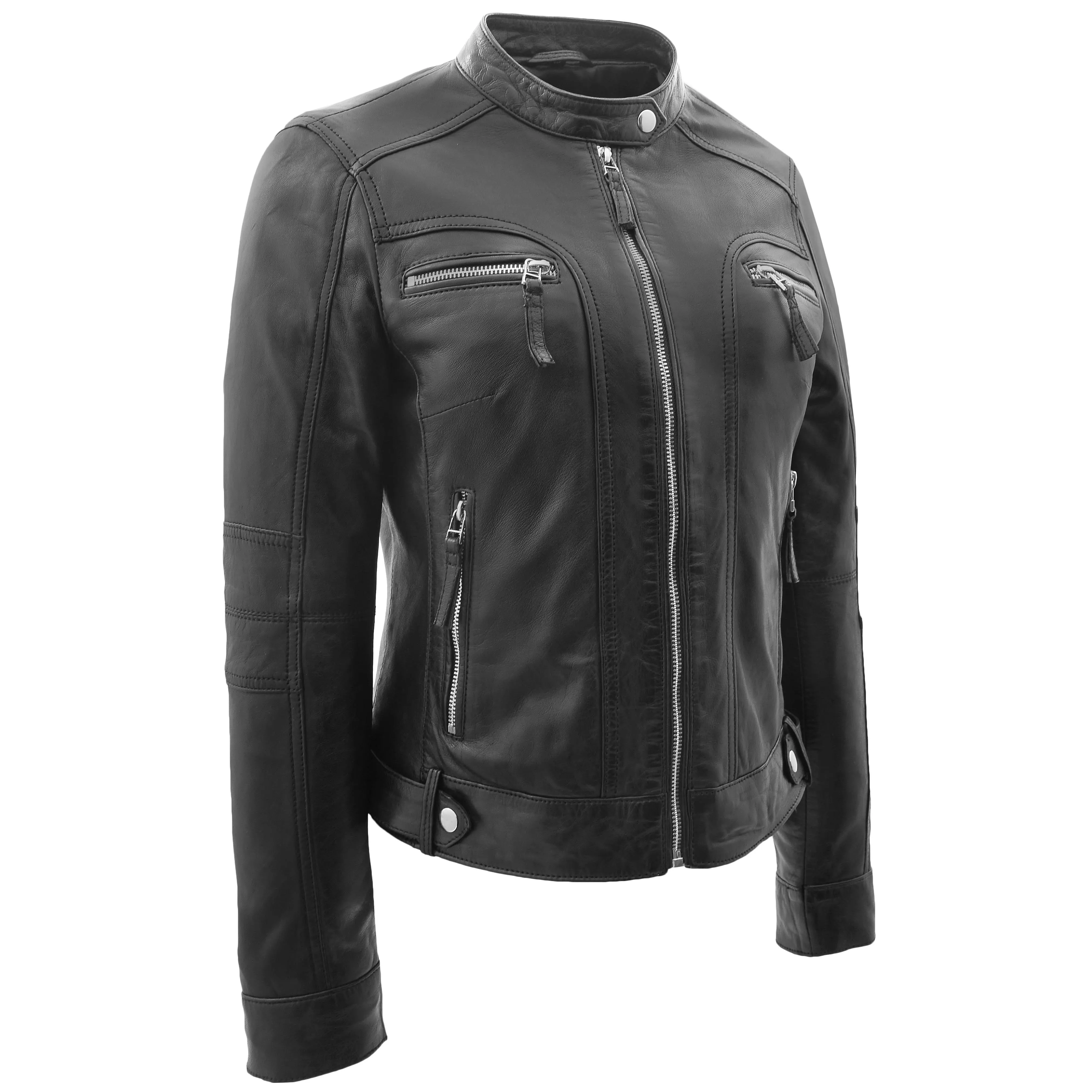 Womens Soft Leather Biker Jacket Black Casual Fitted Trendy Stylish Zoe