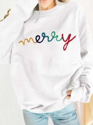 Womens White MERRY Embroidered Pullover Sweatshirt