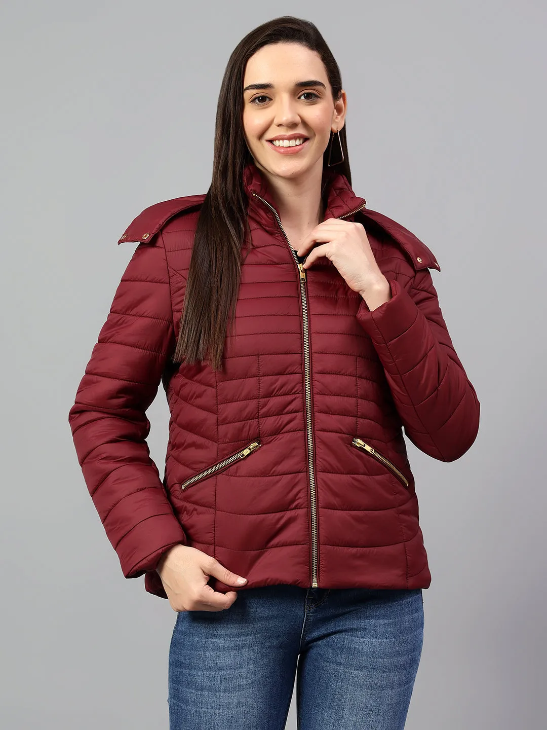 Women's Wine Solid Full Sleeves Winter Jacket