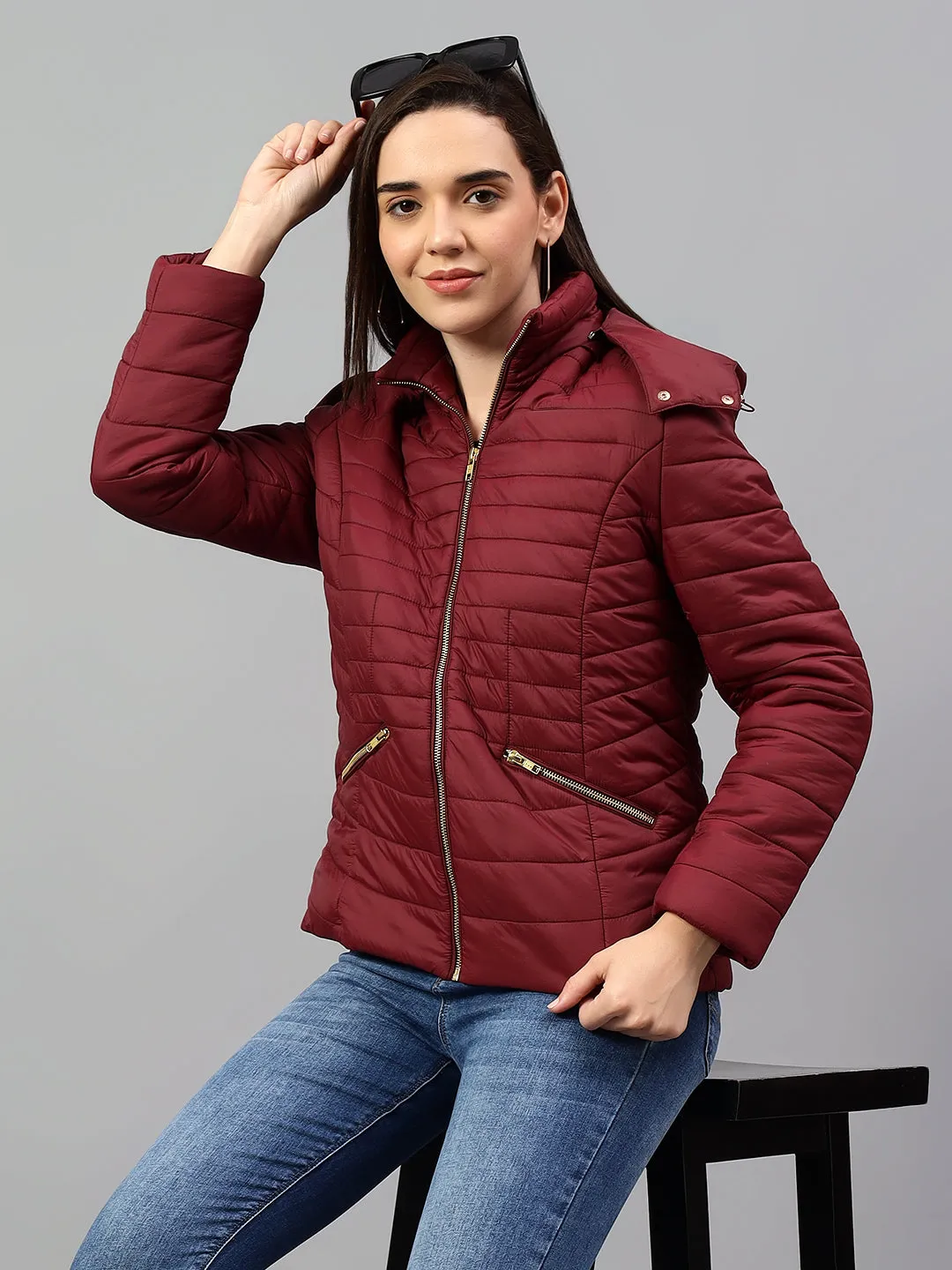 Women's Wine Solid Full Sleeves Winter Jacket