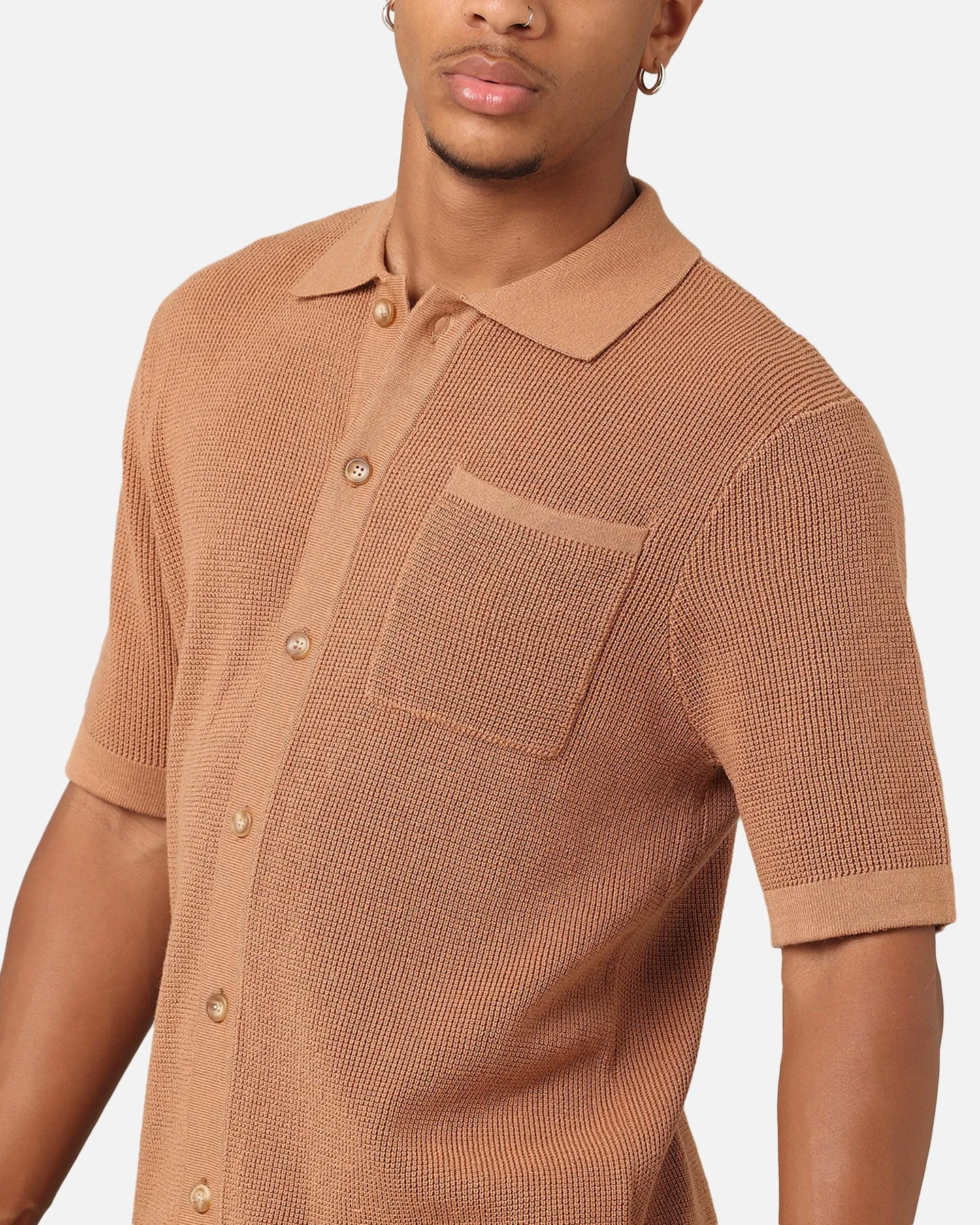 XXIII Zyair Knit Rib Button Up Shirt Mocha