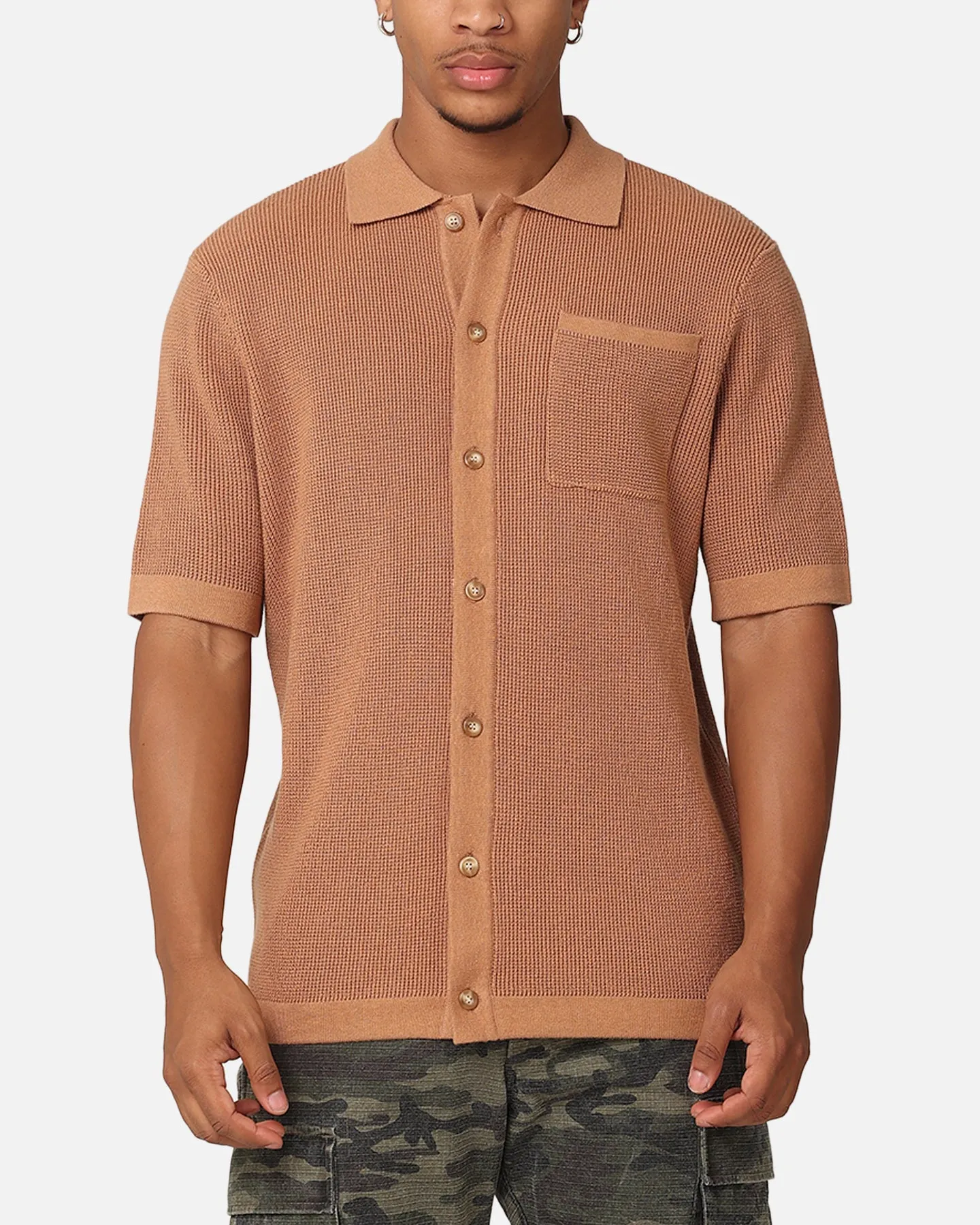 XXIII Zyair Knit Rib Button Up Shirt Mocha